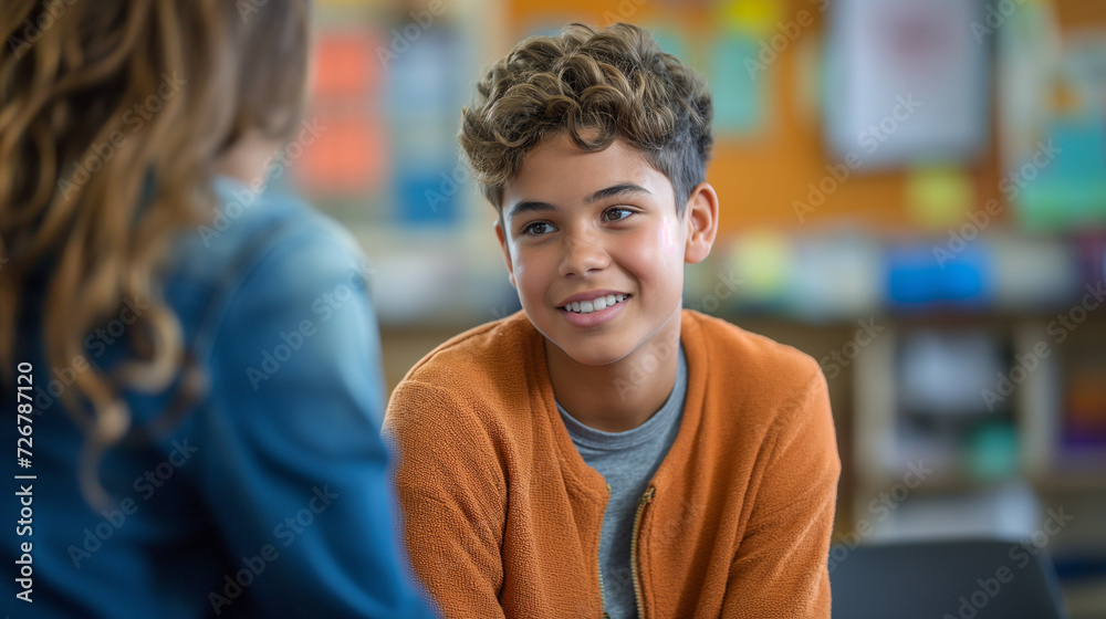 Obraz premium Young Boy Sitting in Front of Woman in Classroom