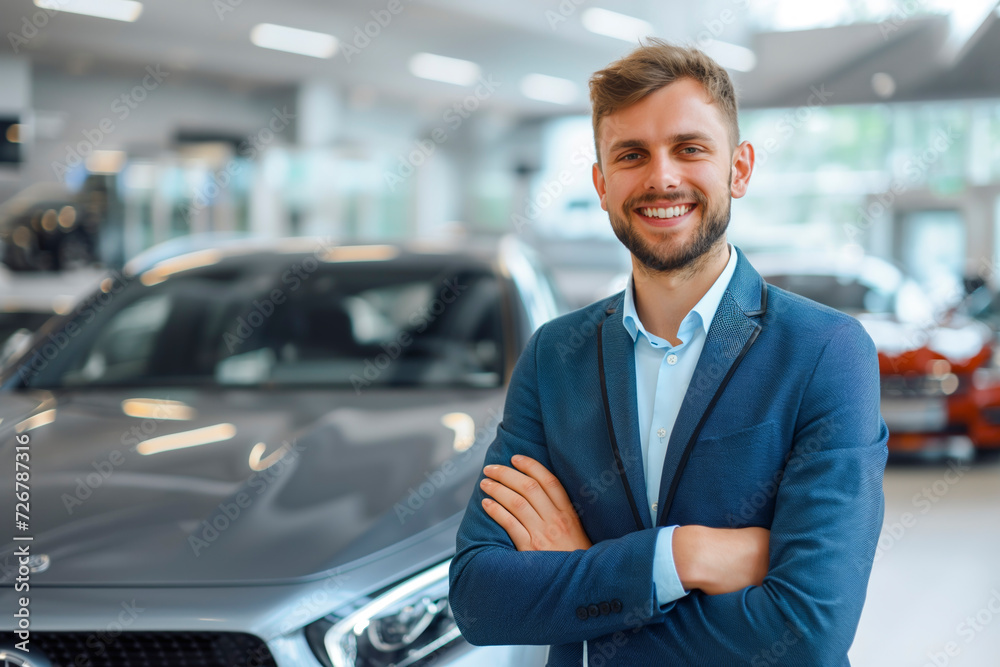 Professional luxury car salesman in luxury car showroom. Concept of car dealer business. Auto dealership office Professional luxury car salesman in luxury car showroom. Concept of car dealer business. Auto dealership office