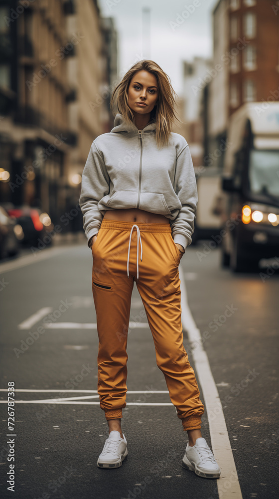 A HD Portrait of a young woman with blond hair standing in the Streets of London.