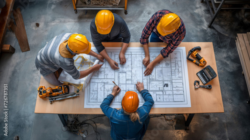Group of Construction Workers Examining Blueprint