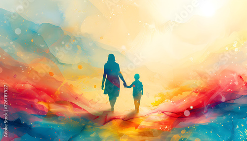 Illustration of a mother and children holding hands in a colorful and vibrant background, representing the bond and connection between family members.