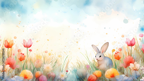 watercolor cute little easter bunny with flowers and eggs for holiday gift card