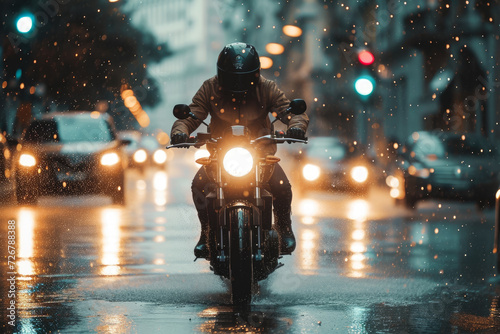 man riding a motorcycle through a city during a rainstorm. The streets are slick with rain, and there are other vehicles on the road photo