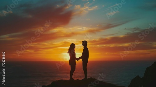 silhouette of a couple holding hands, set against the backdrop of a colorful sunset over the ocean