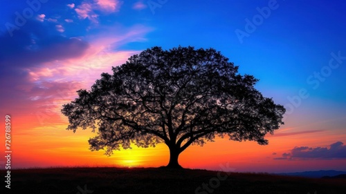simple yet captivating silhouette of a lone tree against the vibrant colors of a sunset sky © Kanisorn