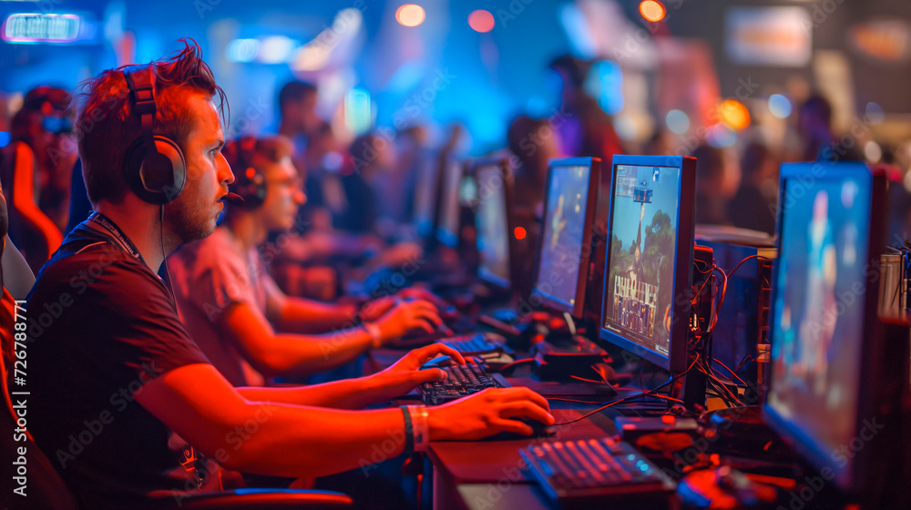 World region gaming expo, gaming industry event or gaming competition amusement, with many live-action players World region gaming expo, gaming industry event or gaming competition amusement, with many live-action players