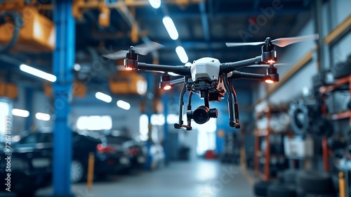 Spare part delivery drone at garage storage in leading automotive car service center for delivering mechanical shipping component part assembling to customer. Modern innovative technology and gadget  photo