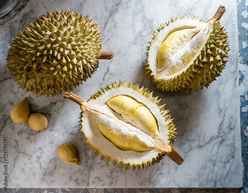 durians cut in half on a kitchen top 