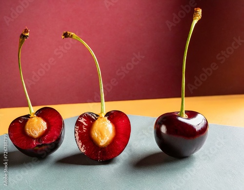 cherries cut in half on a kitchen top