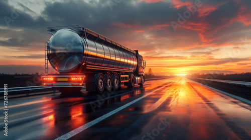Tanker Truck Driving Down a Highway at Sunset