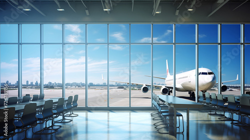 Airport. Modern glass terminal building. View from the waiting room to the runway and planes