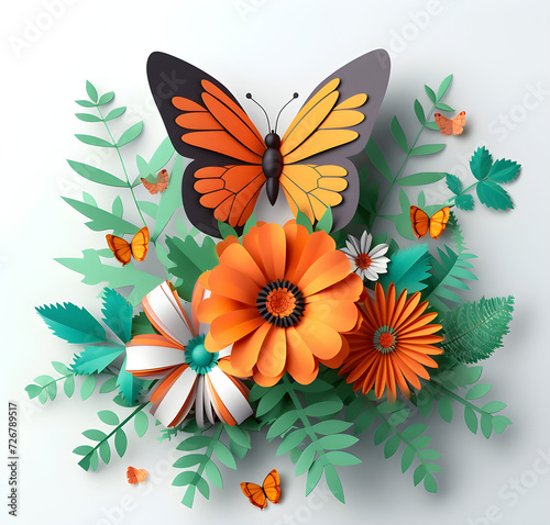 A colorful paper craft flower bouquet with a butterfly, suitable for decoration or as a handmade gift for celebrations.