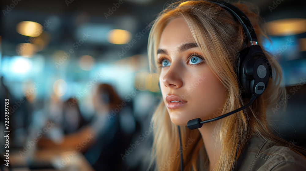 Woman Wearing Headset in Call Center Woman Wearing Headset in Call Center