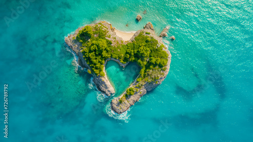 Stunning aerial view of a secluded island with a heart-shaped cove surrounded by turquoise waters