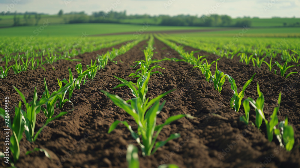 Rows of Young Corn Plants Growing in Rich Soil on a Sunny Day Rows of Young Corn Plants Growing in Rich Soil on a Sunny Day