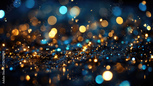 Abstract defocused bakground. Creative blurred background in dark blue with golden sparkles, beautiful bokeh