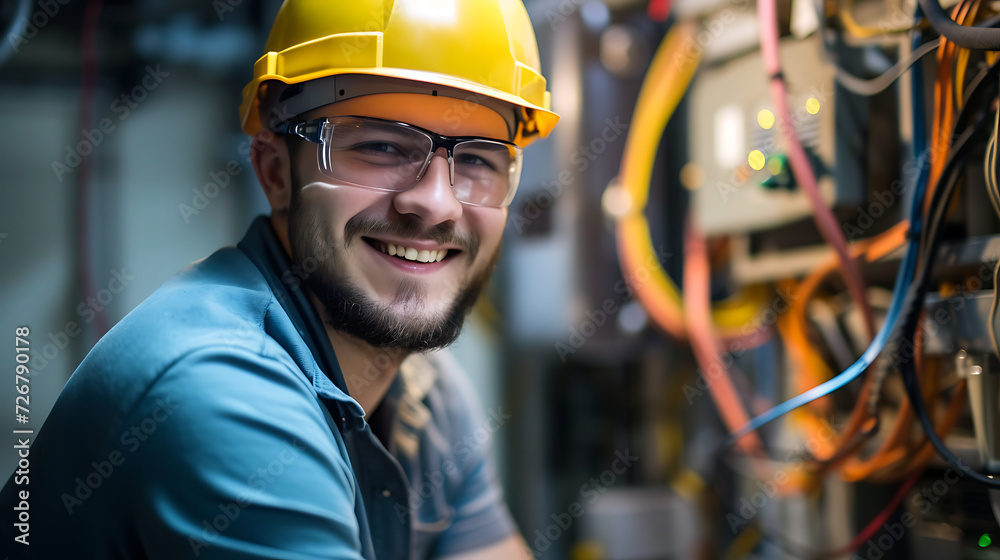 electrician at his workplace smiles to the camera electrician at his workplace smiles to the camera