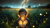 A child is mesmerized by the jar of glowing fireflies captured on a summer day at twilight,Fireflies represents the impermanence of life and the need to cherish fleeting moments