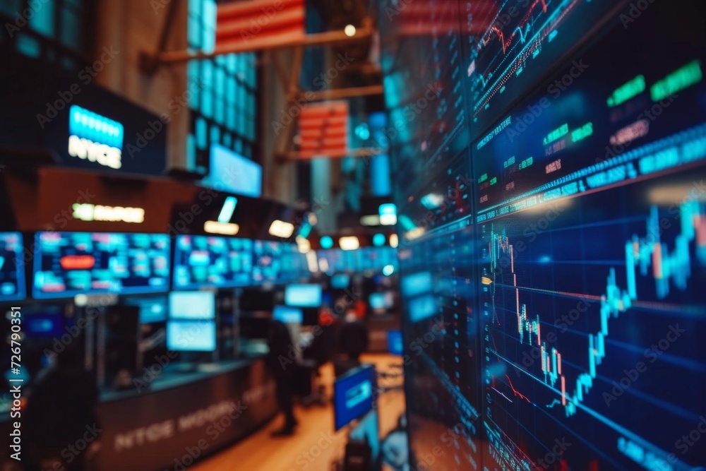 Busy stock market trading floor with digital screens displaying financial data and graphs