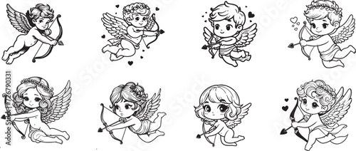 cute little cupid silhouettes, baby angel cupid vector set, black and white vector angel graphics character without background, 