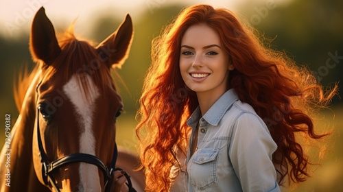 Portrait of a beautiful young woman with long red hair and a horse