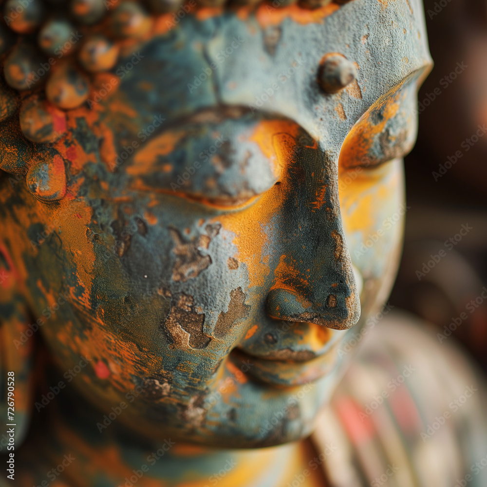 Close-Up of a Weathered Buddha Statue with Textured Patina
