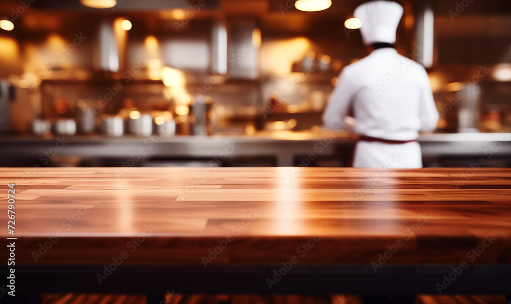 Empty wooden table background, chef working in professional restaurant kitchen, copy space