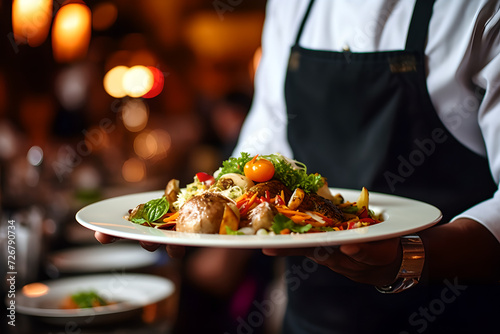 Waiter carrying plates with food, Restaurant serving, modern food, decorating meal, meat and vegetables dish, wedding, festive event, party ,blur background, close Up of food stylish,blurry background photo