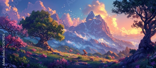 Diverse elements fill the landscape, including the sky, trees, rocks, mushrooms, sunsets, shadows, plants, flowers, mountains, and the light of the night.