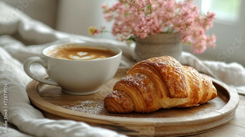 A wooden tray with a croissant and a cup of coffee on a soft bed. AI generate illustration