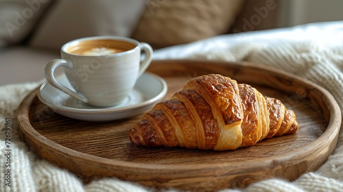 A wooden tray with a croissant and a cup of coffee on a soft bed. AI generate illustration