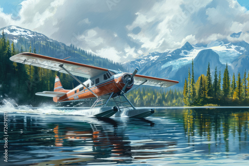 seaplane taking off from a lake. The water is calm, and there are trees and mountains in the background