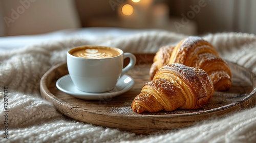 A wooden tray with a croissant and a cup of coffee on a soft bed. AI generate illustration