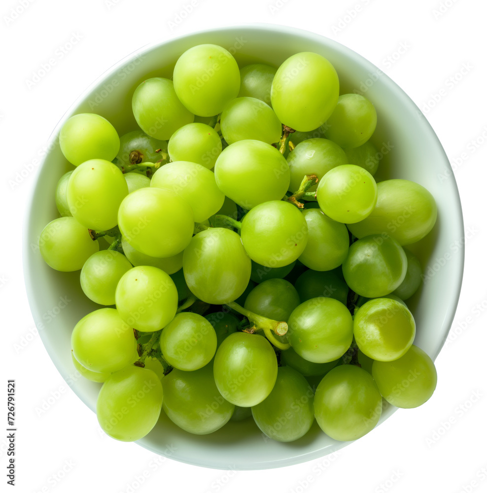 Bowl of green grape fruits isolated. Top view.