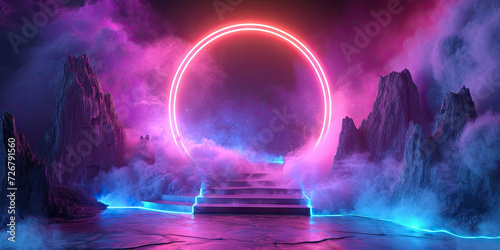 Glowing sphere with blue and pink lights, abstract and futuristic design, technology, science fiction, Podium light hologram tech technology background portal circle cyberpunk effect digital.