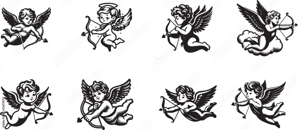 angel of love set, cute cupid vetor character, black and white vector silhouette of cupid angels,