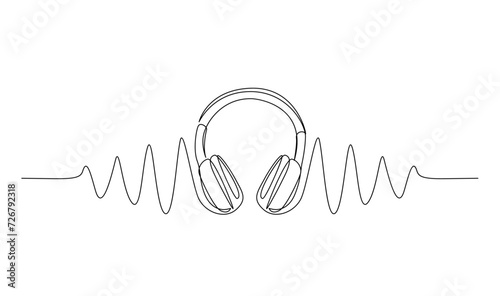 One line headphones. Continuous drawing of music gadget and note template photo