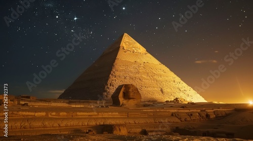 beautiful pyramid of giza night view in high resolution and starry night  luminous sky