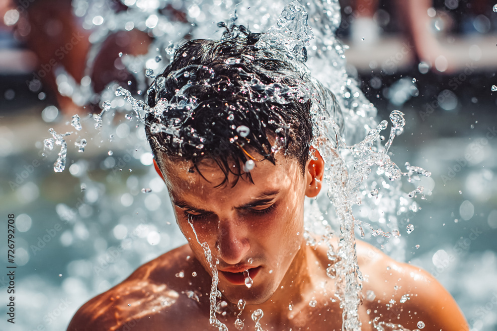 Exhausted young man cooling with splashes of water in fountain in extreme heat, heatwave