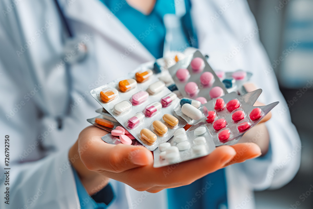 Female doctor hand holding pack of different tablet blisters. Pharmacy. Female doctor hand holding pack of different tablet blisters. Pharmacy.