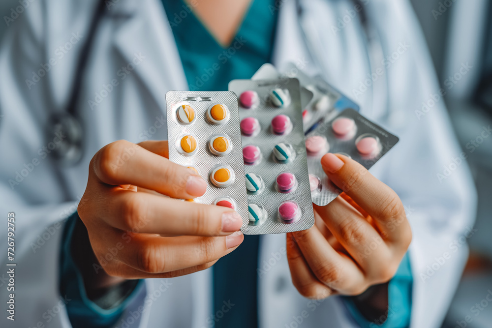 Female doctor hand holding pack of different tablet blisters. Pharmacy. Female doctor hand holding pack of different tablet blisters. Pharmacy.