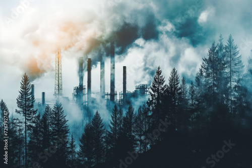 Factory smoke covering pine forest double exposure global warming climate change