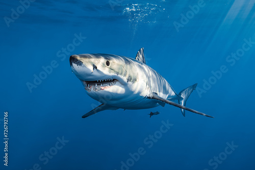 Dangerous Great white shark swimming in ocean. Threat for humans on beaches.