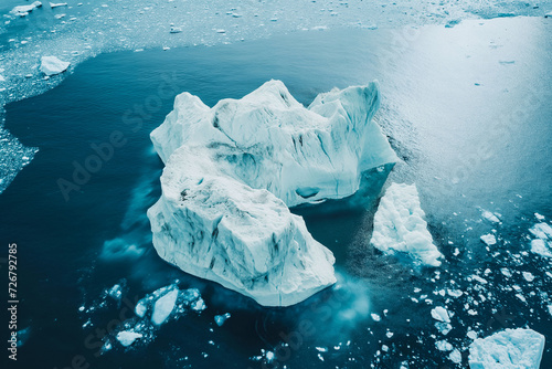 Iceberg and ice from glacier in arctic nature landscape on Greenland. Aerial photo drone photo of icebergs in ice fjord. Affected by climate change and global warming