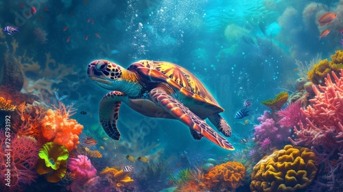 Photo multicolor turtle swimming under the sea