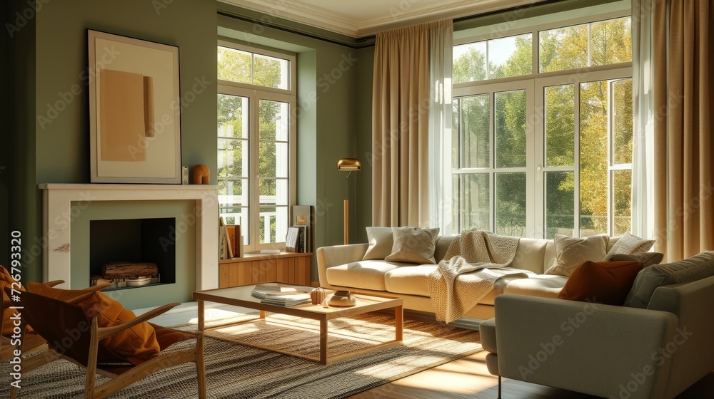 Fototapeta premium Cozy and small luxury all sage green and amber living room, beautiful fireplace 