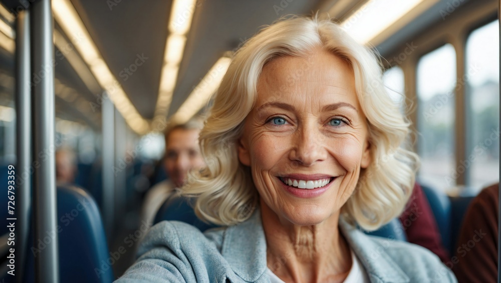 Self-portrait of an elegant elderly blonde woman with blue eyes, wearing a grey blazer on a train, radiating sophistication and contentment. Self-portrait of an elegant elderly blonde woman with blue eyes, wearing a grey blazer on a train, radiating sophistication and contentment.