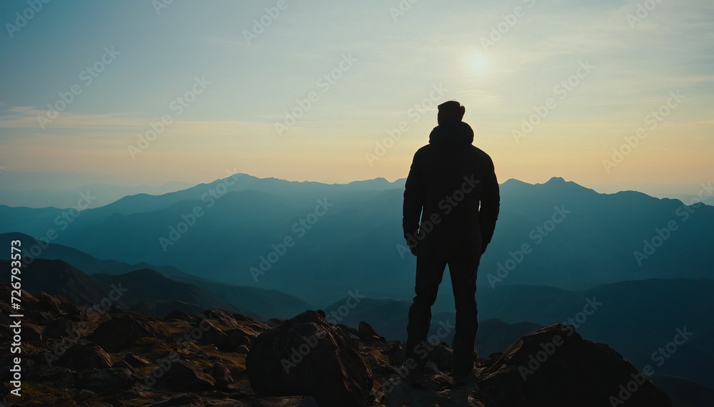 A person standing on the edge of a cliff against a backdrop of mountains and clouds. Concept, freedom, adventure, travelling, mindfulness, meditation or reaching the top. Natural landscape. copy space