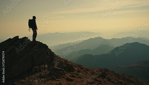 A person standing on the edge of a cliff against a backdrop of mountains and clouds. Concept, freedom, adventure, travelling, mindfulness, meditation or reaching the top. Natural landscape. copy space photo