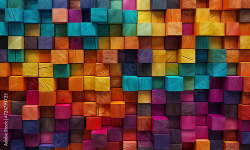 A vibrant, rainbow textured background composed of stacked wooden blocks, aged artfully, abstract architectural, wallpaper, backdrop, rustic